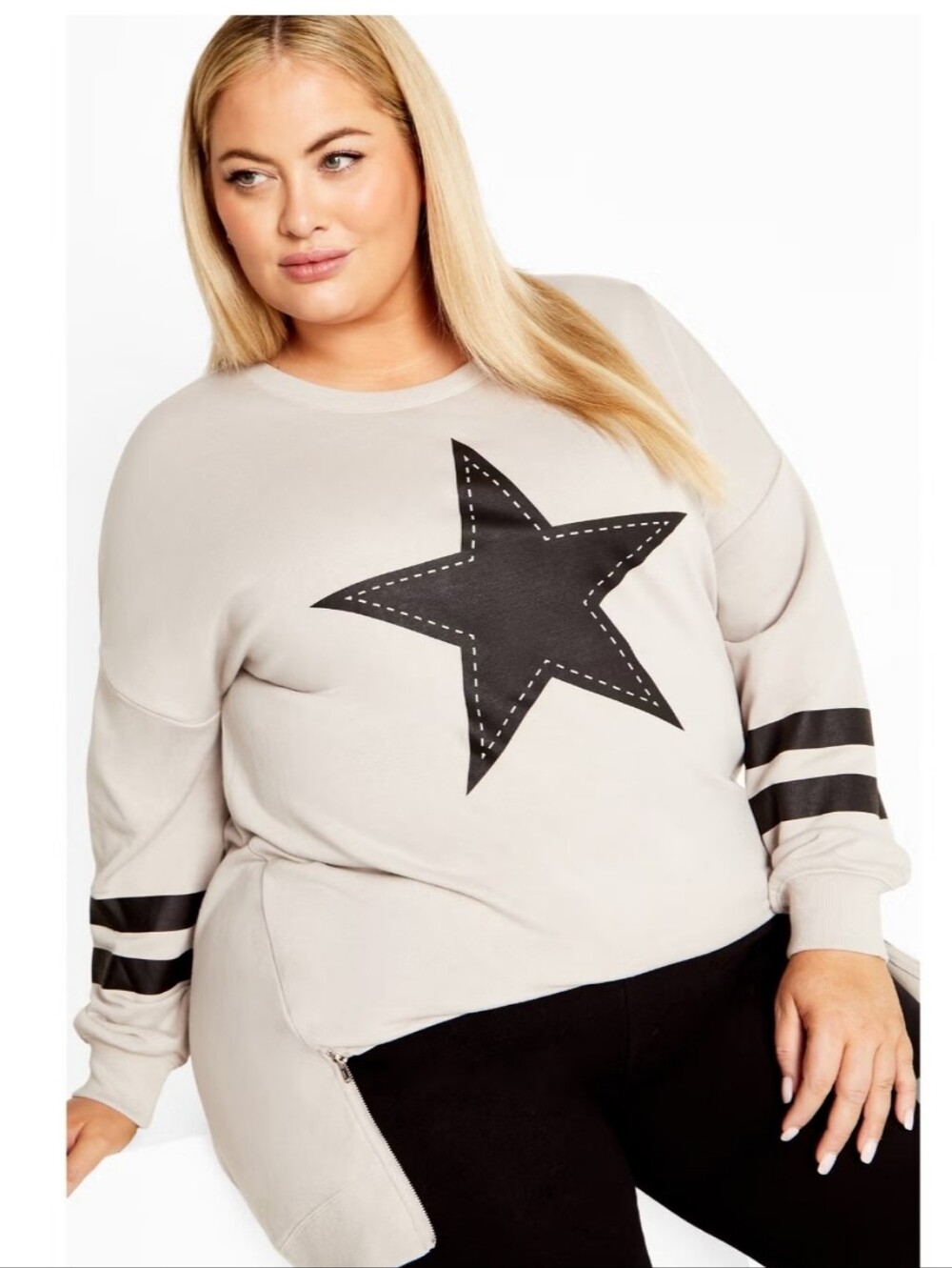 AVENUE Light Gray Star Graphic Sweatshirt with Contrast Stripes
